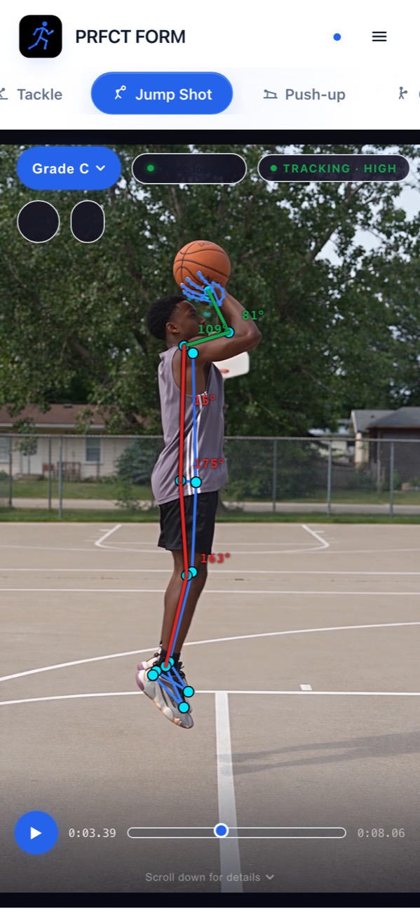 A basketball jump shot traced by PRFCT Form, joint angles labelled on the skeleton overlay and an overall grade in the corner.