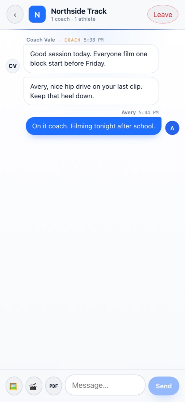 Team chat inside PRFCT Form: a coach leaving notes for an athlete about their block start, with the athlete replying.